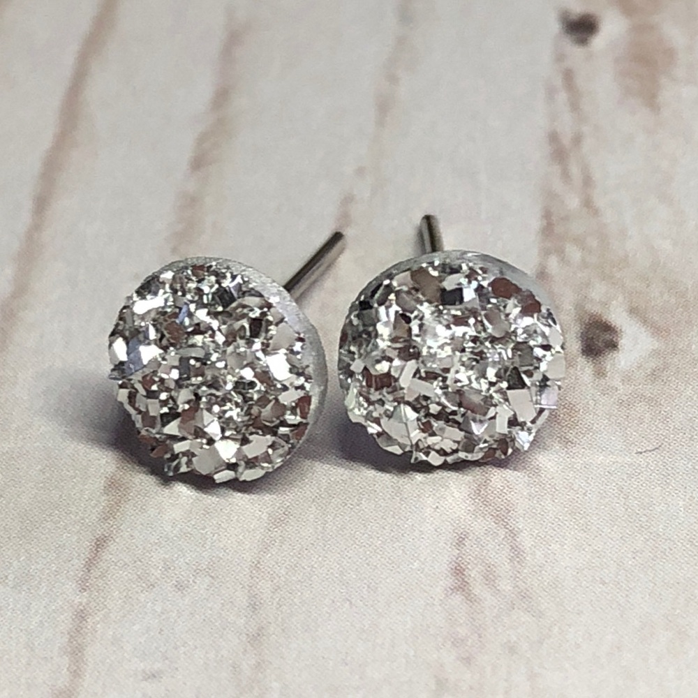 Silver Faux Druzy 8mm Post Back Stud Earrings! - Picture 8 of 16